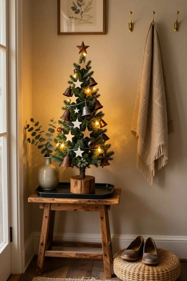 A small lit artificial Christmas tree decorated with white stars, bells, and red ornaments stands on a wooden tray atop a rustic bench in a beige corner room next to a window, with a gray vase, hanging beige towel, and brown shoes on a woven stool.