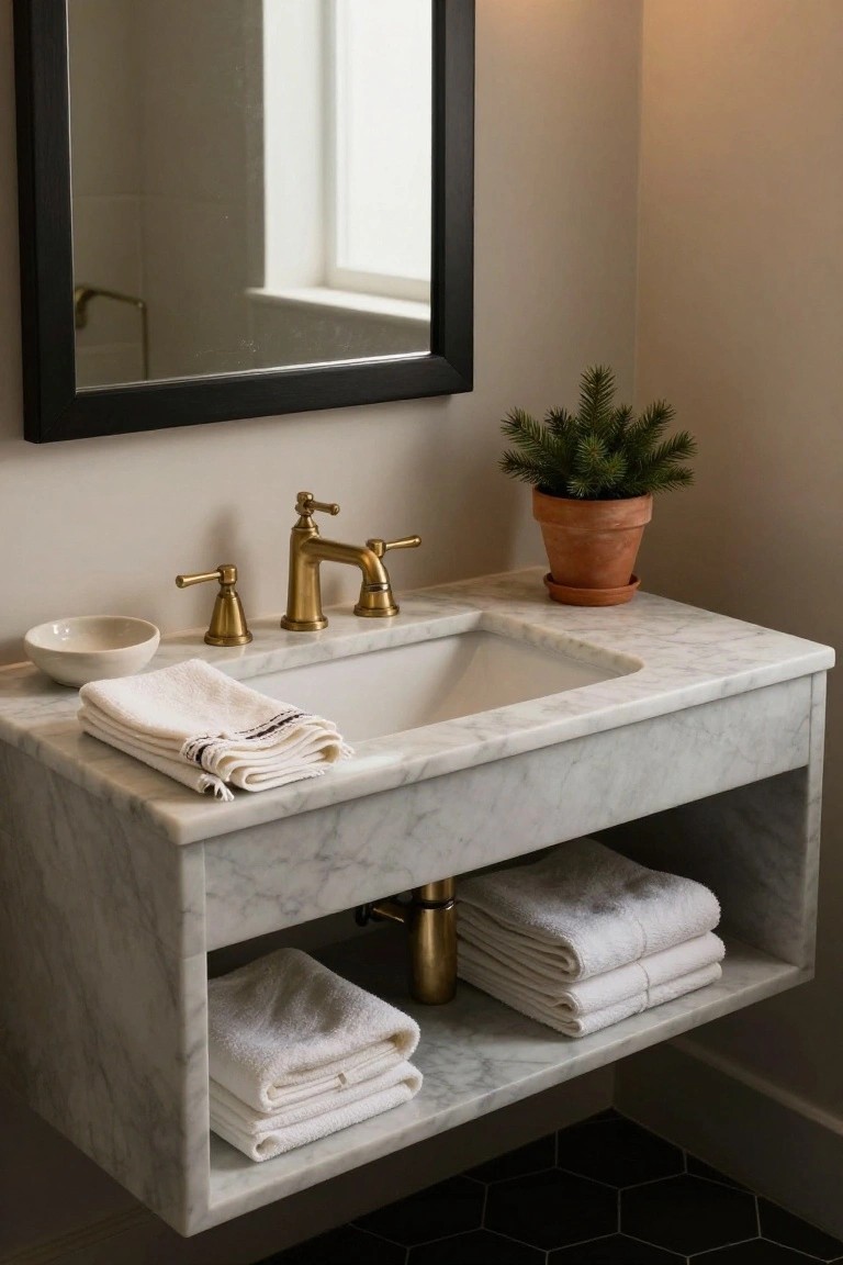A small potted fir tree on a white marble floating vanity with gold faucet and sink in a light-colored bathroom, white towels folded on the counter and below, black-framed mirror above, and black hexagon floor tiles.