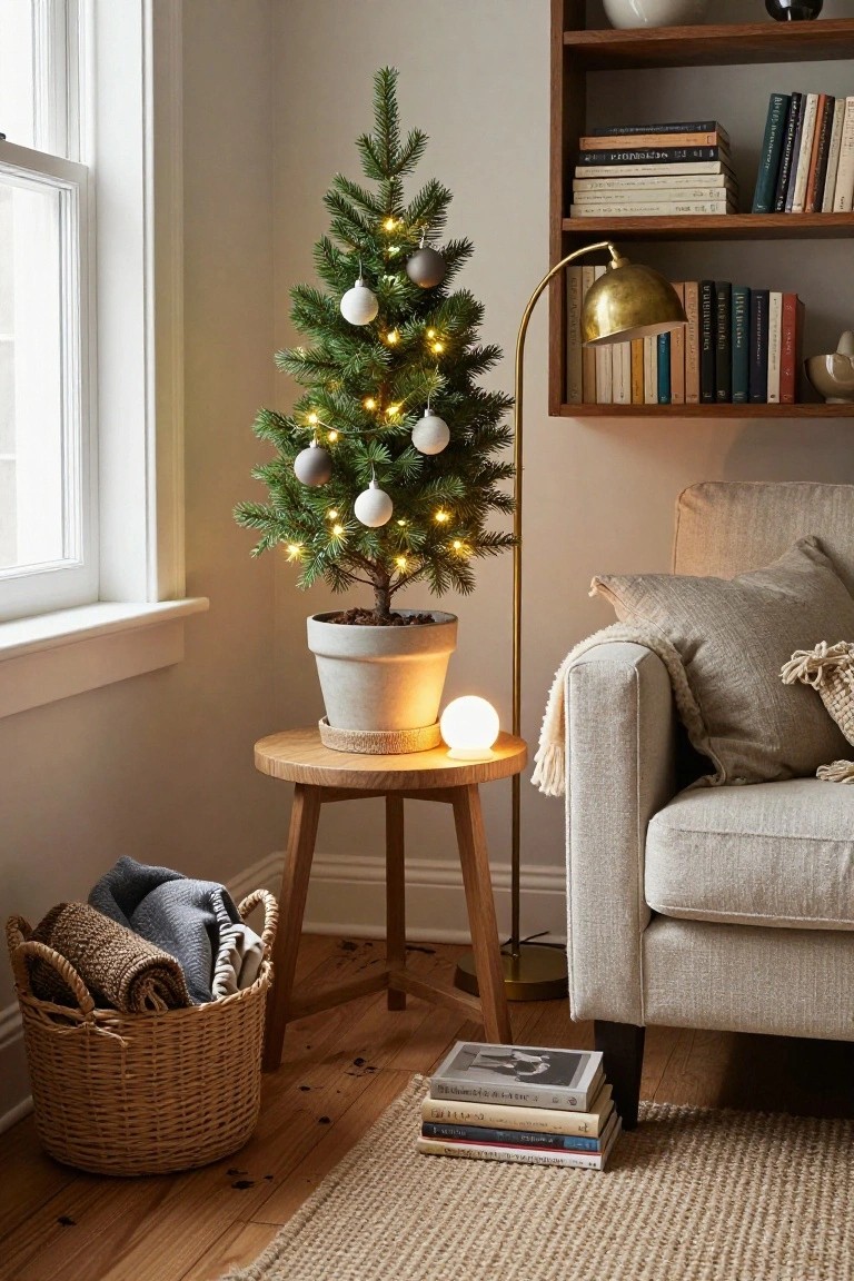 A small potted Christmas tree with fairy lights and neutral gray and white ornaments sits on a wooden side table in a cozy living room corner beside a beige sofa, bookshelves, and a floor lamp.