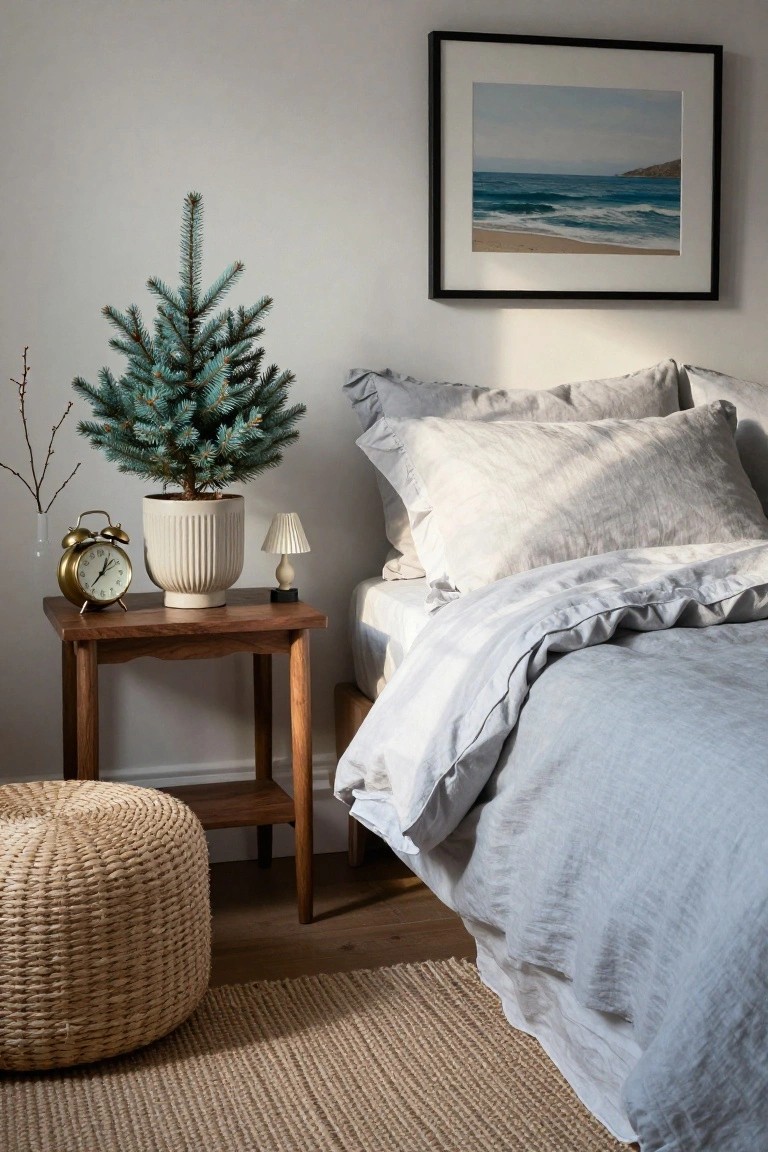 A small turquoise Christmas tree in a white ribbed ceramic pot on a wooden nightstand next to a bed with light gray linen bedding and pillows, with an alarm clock, lamp, seagrass pouf, and framed ocean beach photo on a white wall in a bedroom corner.