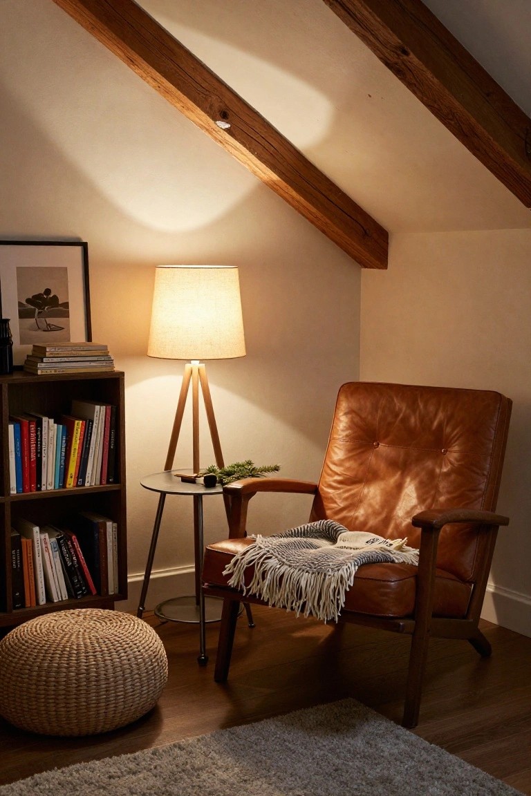 Interior corner of a room with slanted wooden beam ceiling, wooden bookshelves filled with colorful books, tan leather armchair draped with a fringed throw blanket, tripod floor lamp, small round metal side table holding a plant and wooden tray, woven ottoman, and light gray rug on wood floor.