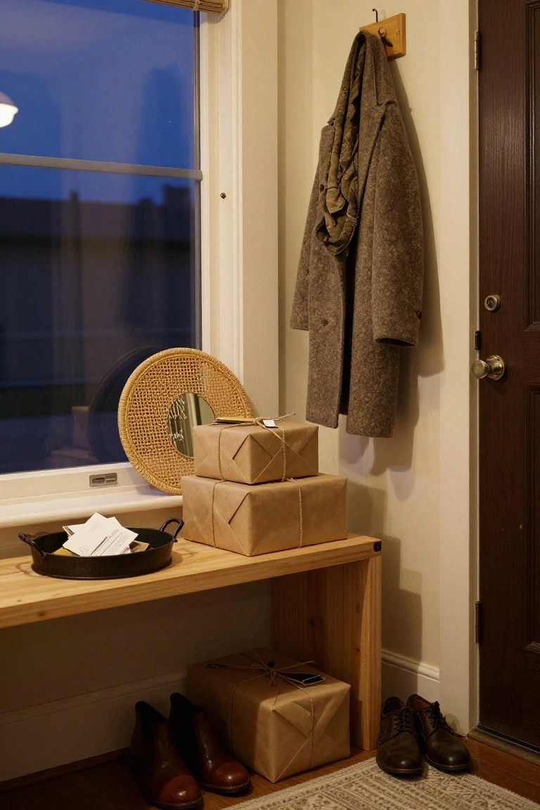 Entryway console table with three stacks of brown paper-wrapped packages, a woven mirror nearby, hanging coat, shoes on the floor, black metal tray with papers, beside a wooden door and window at dusk.