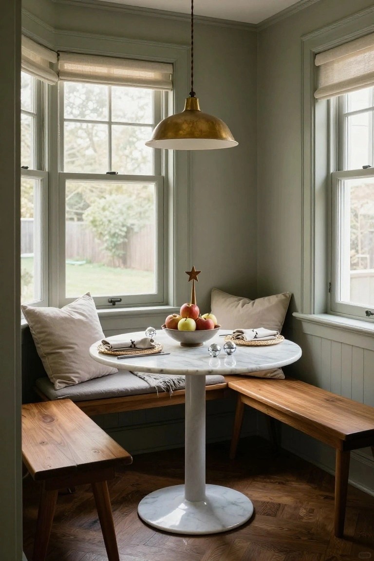 Sage green breakfast nook with bay windows, white marble pedestal table, wooden benches with cushions, bowl of red apples, wooden star topper, linen napkins, and gold pendant light.