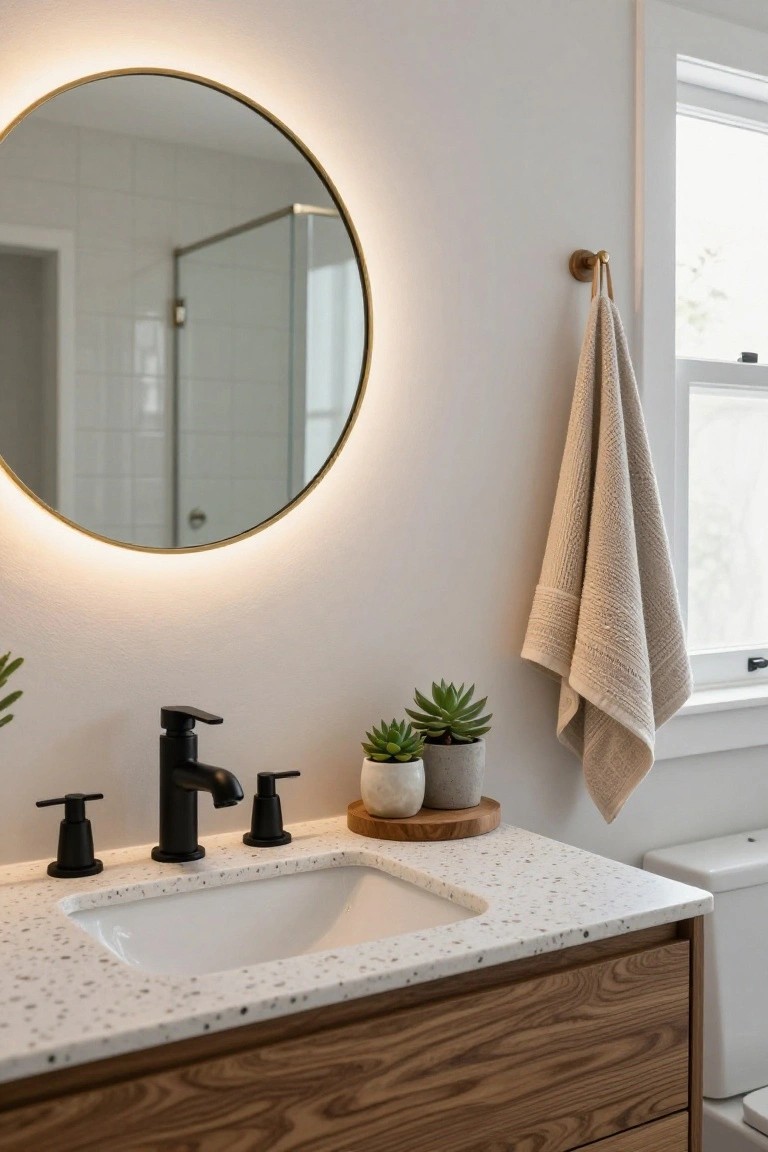 Modern bathroom vanity with white undermount sink in speckled countertop on wood cabinets, black faucet, two small potted succulents on a round wooden tray, large round backlit mirror above, beige towel on brass hook, glass shower enclosure and white toilet in background.