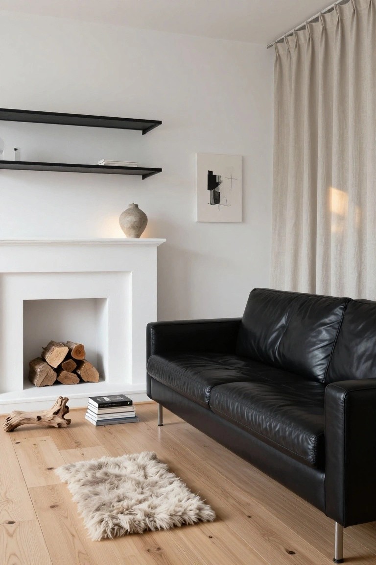 A minimalist living room with a black leather sofa in front of a white fireplace, light wood floors, a sheepskin rug, black wall shelves, and a stack of books nearby.