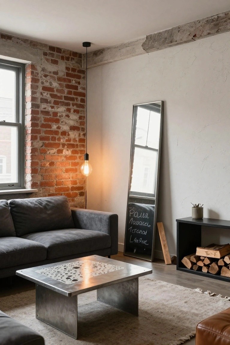 Small living room with exposed red brick wall, gray L-shaped sofa, low brushed metal coffee table with cutout top, full-length mirror, black sideboard stacked with firewood, freestanding chalkboard sign, and potted plant.