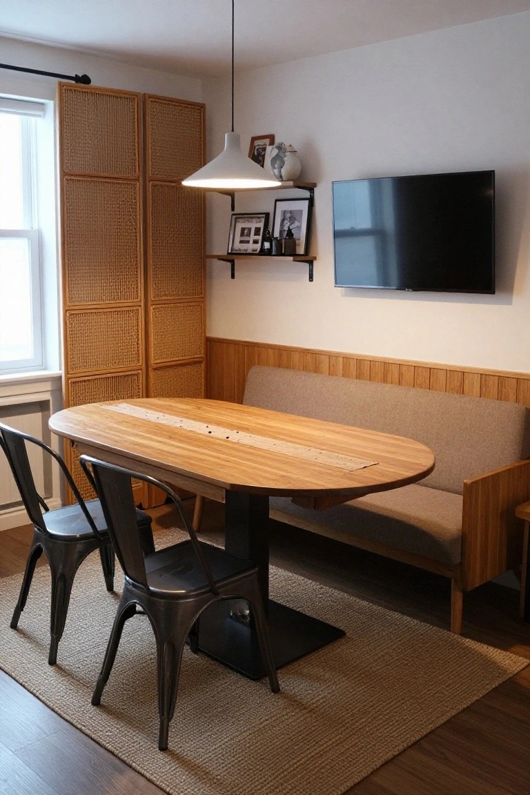 A small indoor dining area with an oval wooden table centered between a built-in beige bench against light wood-paneled walls and two black metal chairs, plus wall shelves, a TV, and rattan screens near a window.