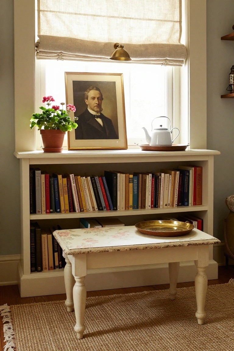 Low white open bookshelf against a sunlit window with colorful books on two shelves, topped by a potted geranium, white teapot on saucer, and framed portrait of a man, plus a small distressed stool with brass tray in front on a seagrass rug.