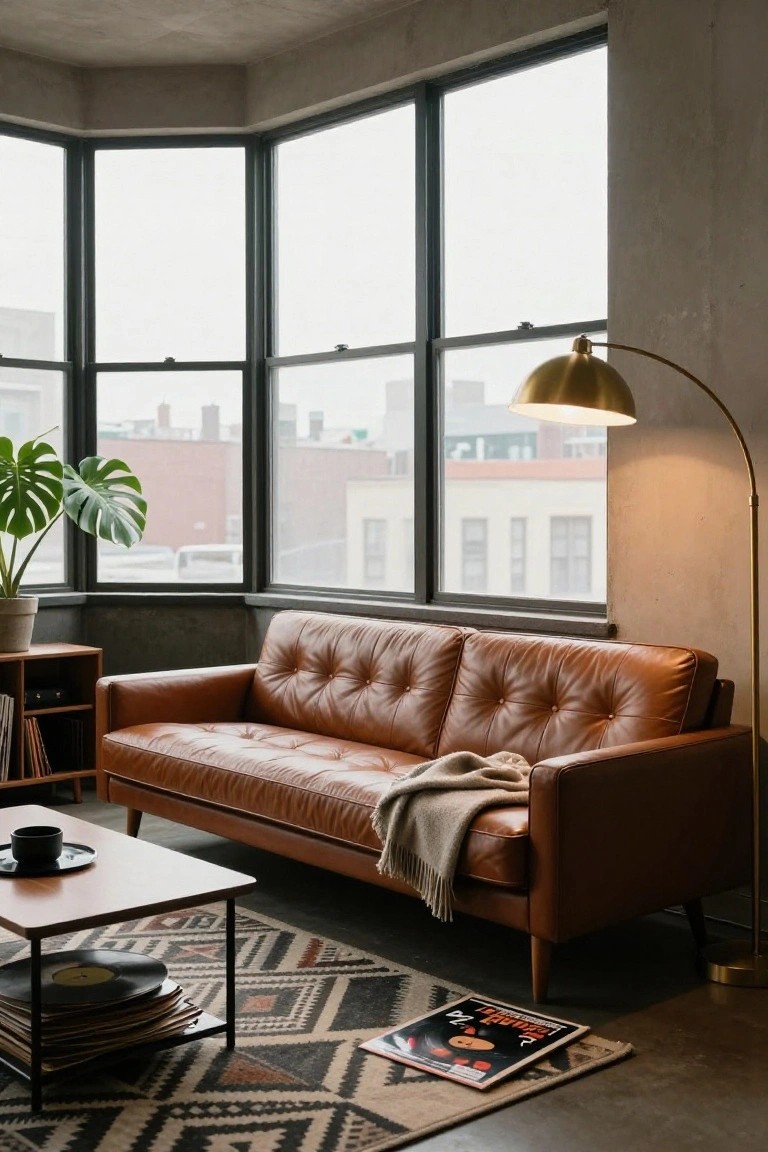 Small urban loft living room with tan tufted leather sofa on wooden legs, low wooden coffee table holding stacked vinyl records and a cup, potted monstera plant, gold arc floor lamp, media stand with records, patterned rug, and large black-framed windows showing brick buildings outside.