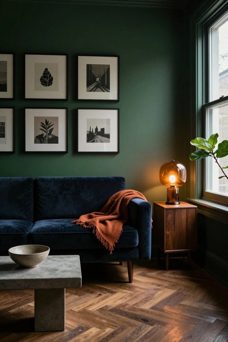 A cozy living room corner with deep green walls, navy blue velvet sofa draped with an orange throw blanket, wooden side table holding a large orange-globed lamp, concrete coffee table with a stone bowl, black-framed botanical prints in a gallery wall arrangement, fiddle leaf fig plant by a large window, and herringbone-patterned wood flooring.