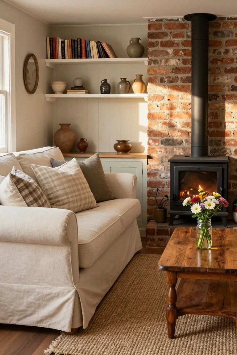 Small living room corner with beige sofa piled with neutral pillows, exposed brick wall and chimney breast with black stove, wooden coffee table holding jar of flowers, and floating shelves with books and pottery.
