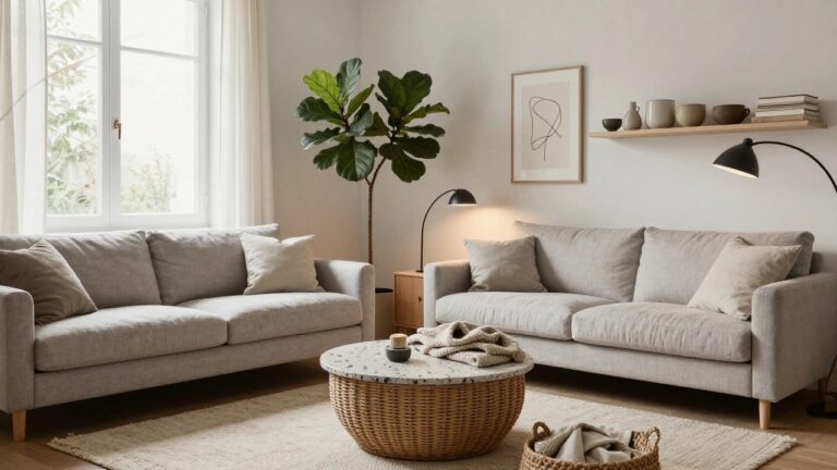 A cozy living room featuring a light gray L-shaped fabric sofa, round white terrazzo coffee table, wooden credenza with slats, potted fiddle leaf fig plant, black arc floor lamp, and neutral ceramics on floating shelves next to a large window with sheer curtains.