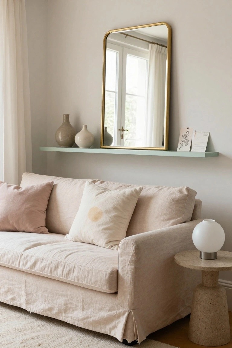 Light living room corner with cream linen sofa and pink pillows, pale green floating shelf above holding two ceramic vases, gold-framed oval mirror, and cards, beside a white globe lamp on stone pedestal side table.