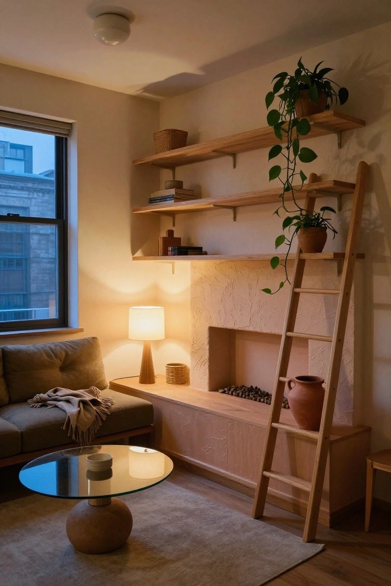 Small living room with wooden ladder shelf next to fireplace, plants on shelves, gray sofa, glass coffee table on rug, and lamp by window.