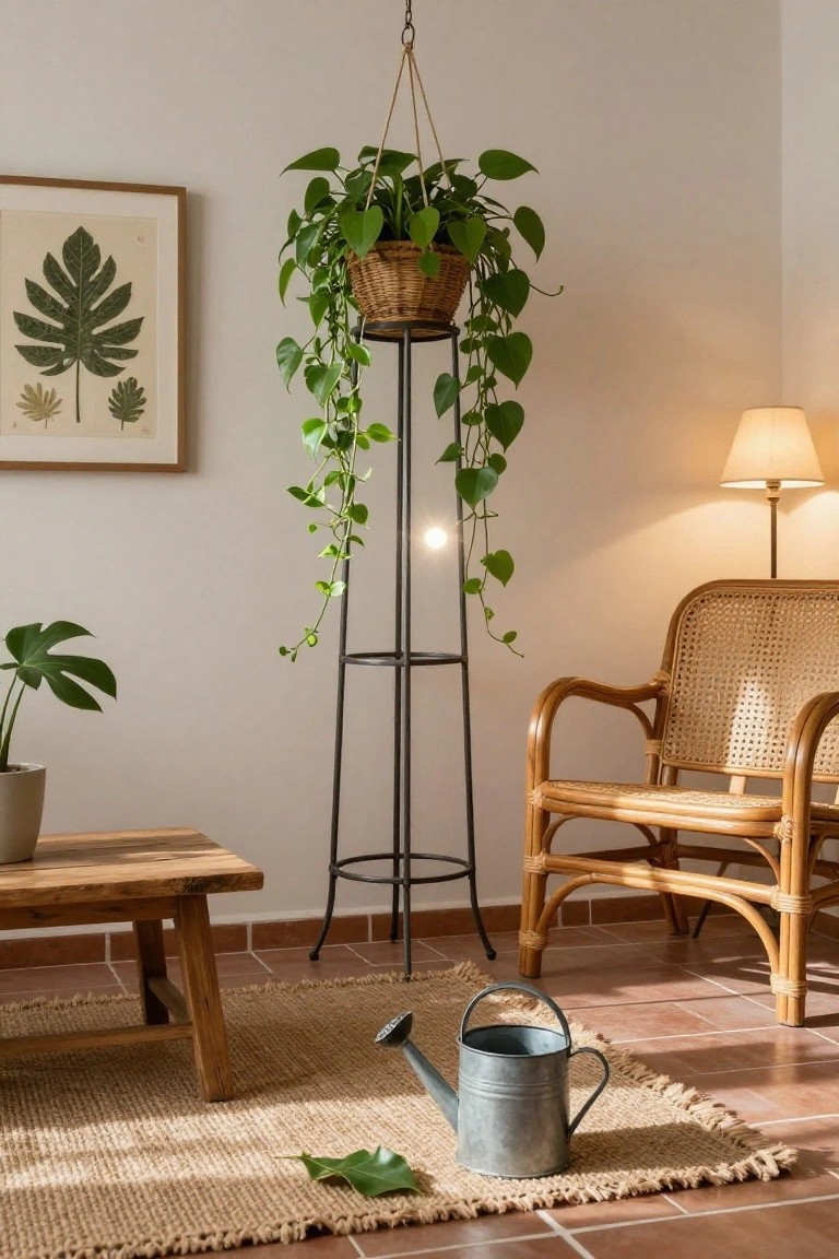 Hanging pothos plant on black stand beside rattan chair and watering can.