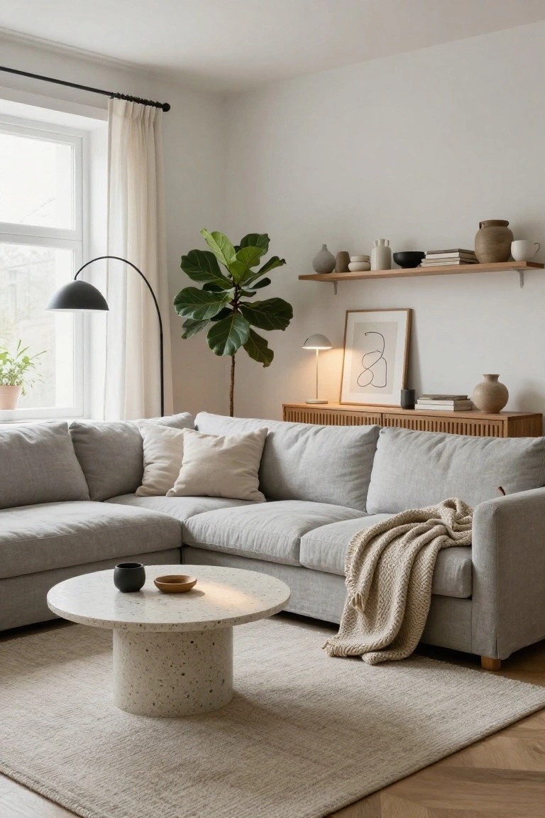 A cozy living room featuring a light gray L-shaped fabric sofa, round white terrazzo coffee table, wooden credenza with slats, potted fiddle leaf fig plant, black arc floor lamp, and neutral ceramics on floating shelves next to a large window with sheer curtains.