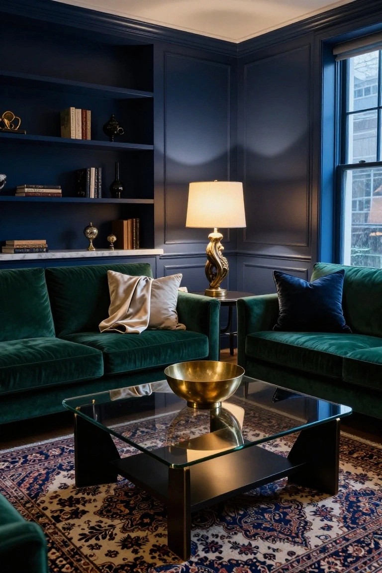 Corner of a living room with dark navy paneled walls, built-in bookshelves, two emerald green velvet sofas in L-shape around a black-framed glass coffee table holding a brass bowl, brass lamp on side table, and patterned rug on wood floor.