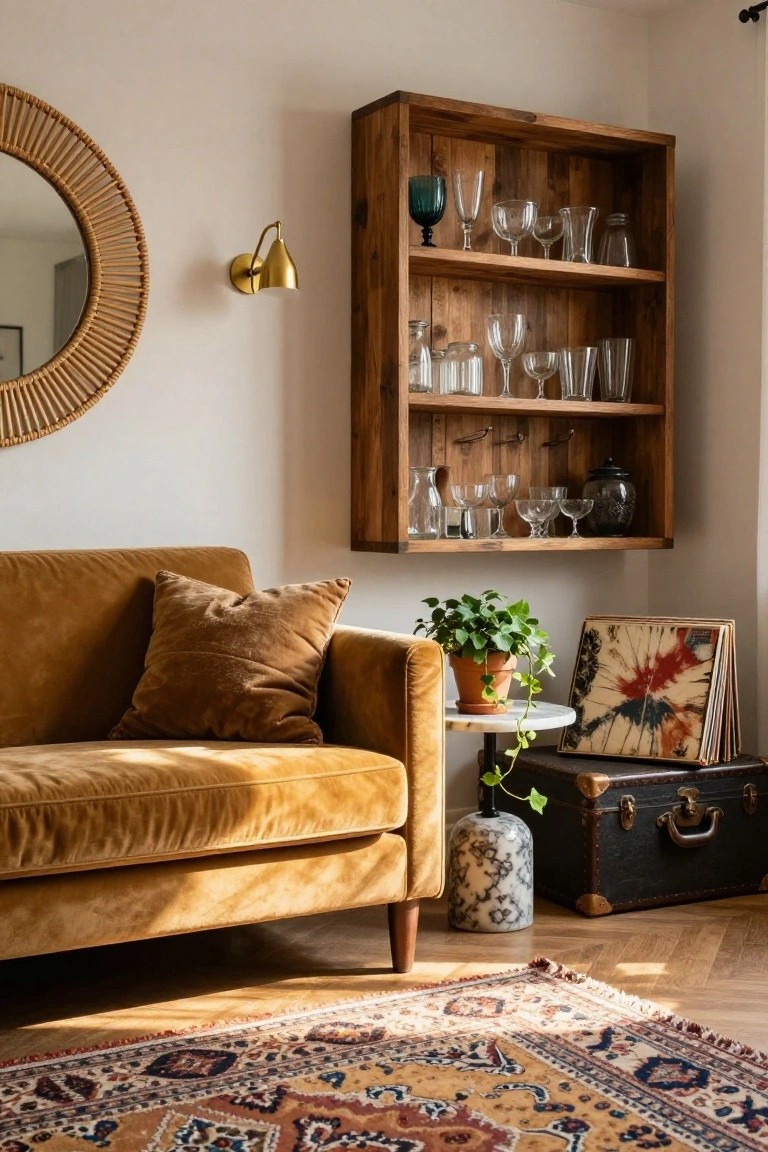 A small living room corner with mustard velvet sofa, open wooden wall shelves displaying assorted glassware and jars, round rattan mirror, potted plants, vintage suitcase, and Persian rug on wood floors.