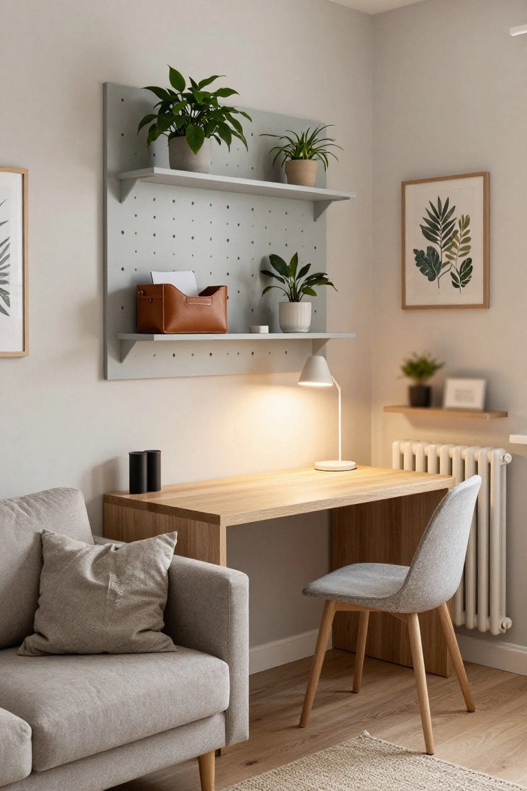 Small living room corner with light wood desk and chair, gray sofa, gray pegboard wall holding plants and leather tray, desk lamp, and white radiator.