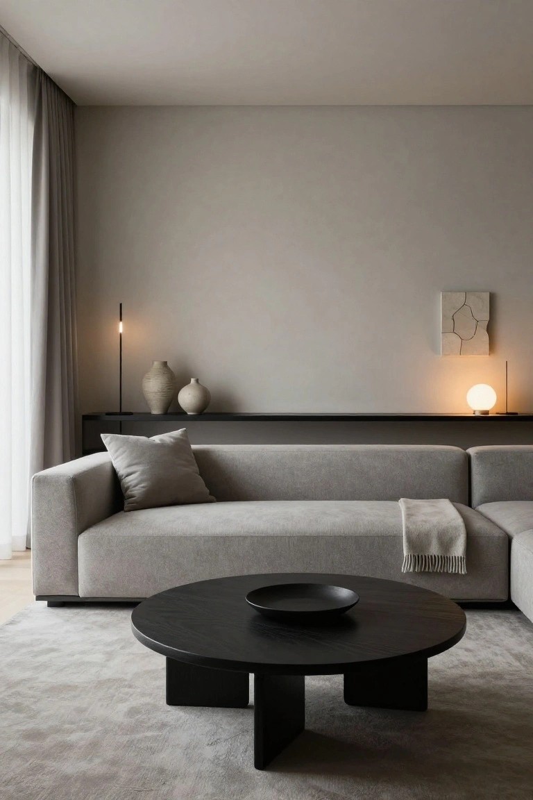 Minimalist living room interior with light gray L-shaped sofa, black round coffee table holding a black bowl, beige throw blanket on sofa, shelf with two ceramic vases and two lamps, sheer curtains on large windows, beige walls and light gray rug.