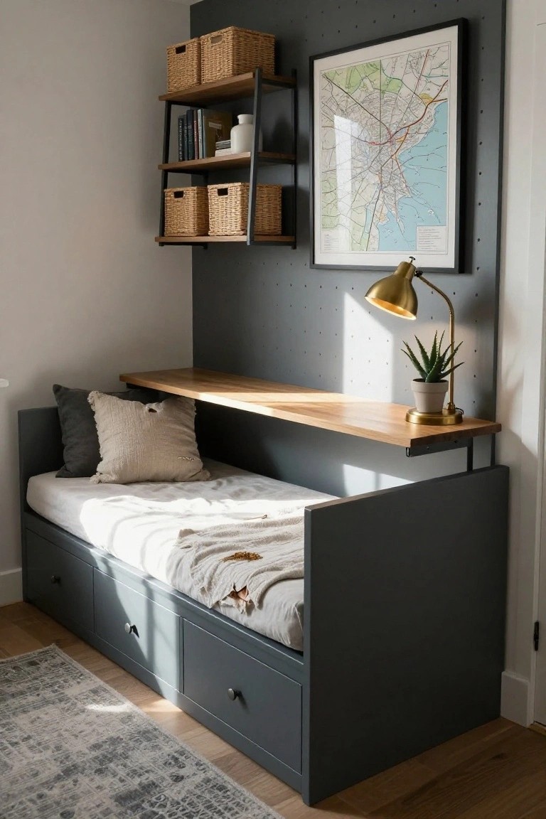 A small room corner with a gray built-in daybed, white mattress and throw, wooden desk extension, pillows, underbed drawers, wall-mounted shelves with wicker baskets and vase, framed map, gold lamp, and potted plant on a pegboard wall.