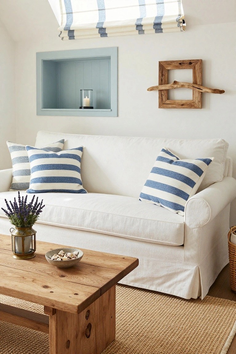 White slipcovered loveseat with blue-and-white striped pillows, rustic wooden coffee table holding seashells and a lavender vase, seagrass rug, blue wall niche with candle, and driftwood art frame in a light attic-style room.