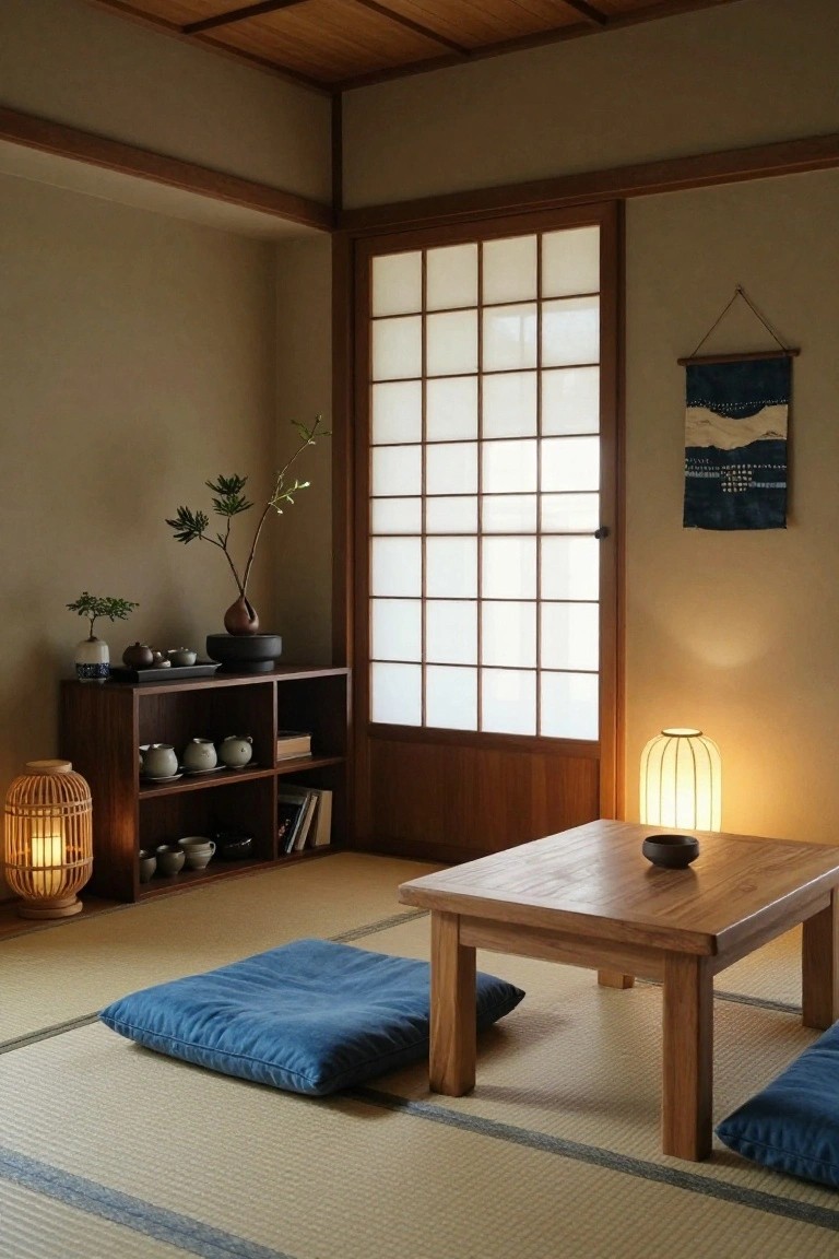 Japanese-style interior room with tatami mat flooring, low wooden table surrounded by blue cushions, wooden shelves holding teapots plants and ceramics, shoji screen window, and lantern lamps.