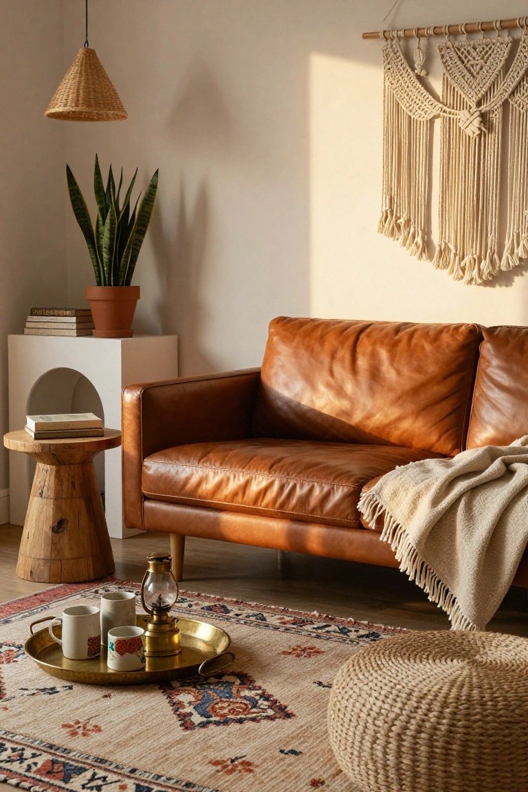Small living room corner with tan leather sofa draped in a beige throw, woven rattan pouf, brass tray holding cups and lantern on a patterned rug, snake plant in terracotta pot, macrame wall hanging, and rattan pendant lamp.