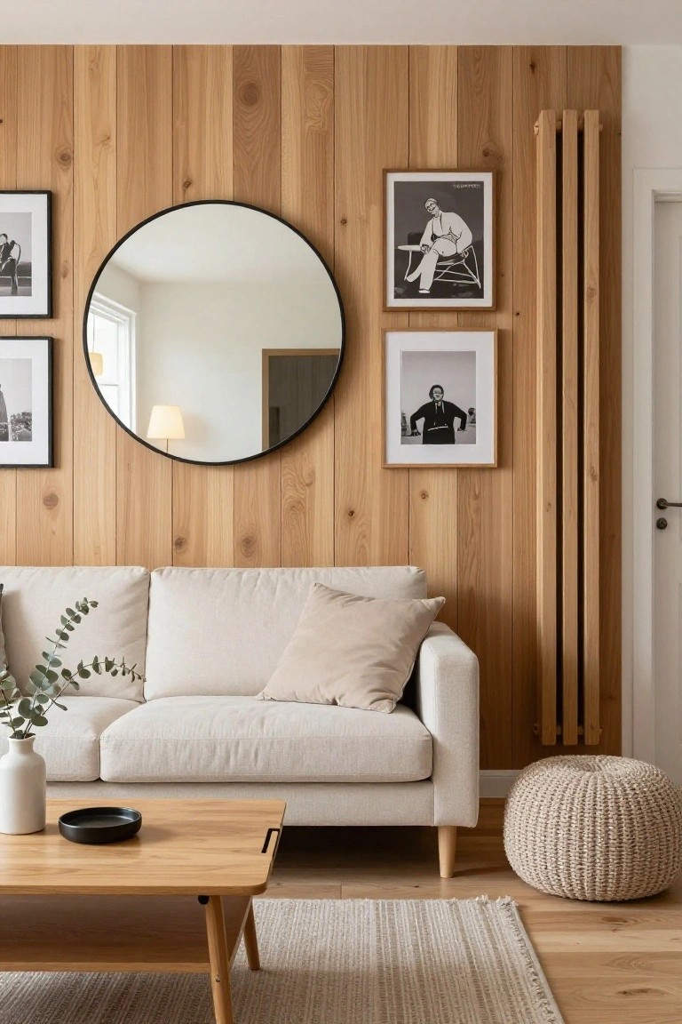 A small living room with light vertical wood paneling on one wall, a beige linen sofa with cushions and eucalyptus stems, wooden coffee table, large round black mirror, black-framed artwork, and cream woven pouf.