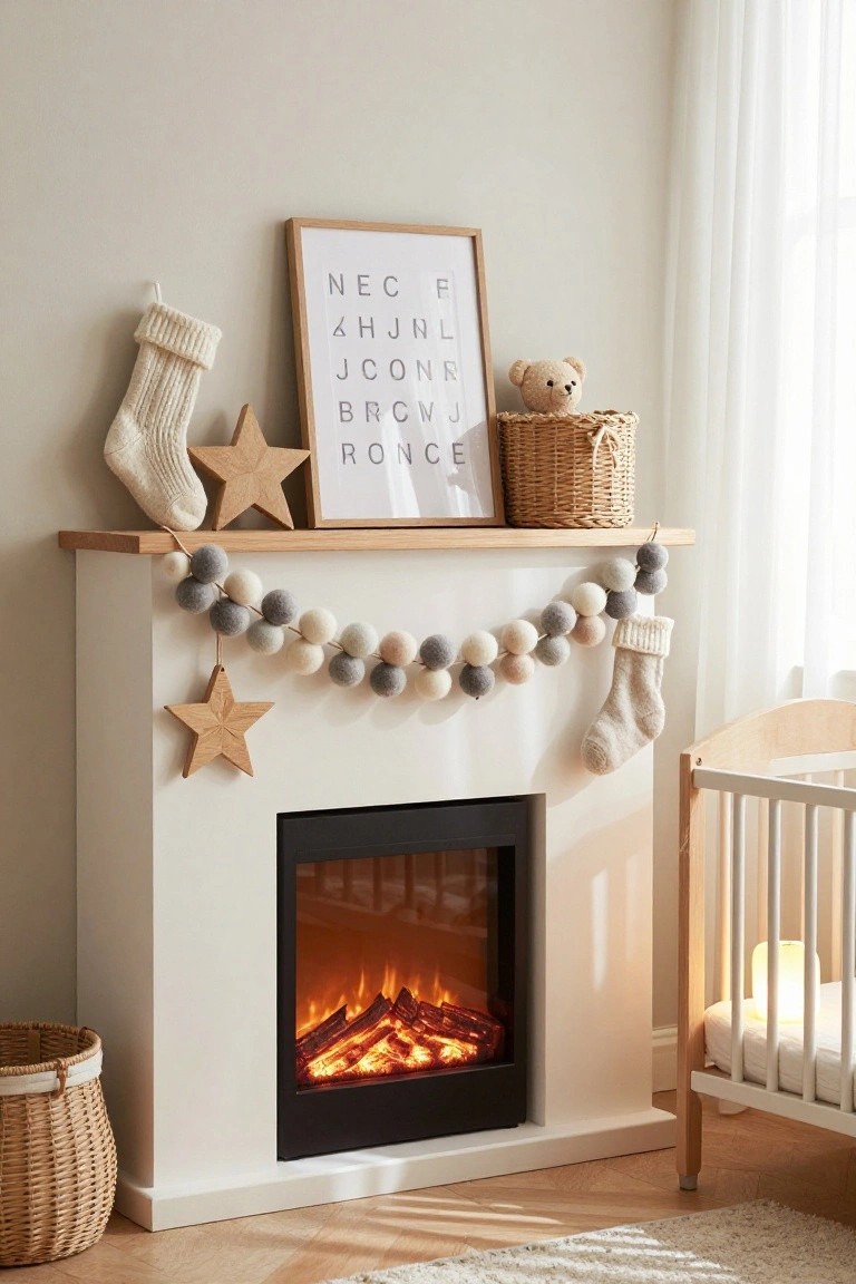 White electric fireplace with oak mantel in a nursery, decorated with white and gray pom-pom garland, knitted stockings, wooden stars, framed letter sign, teddy bear in woven basket, and adjacent white crib with night light.