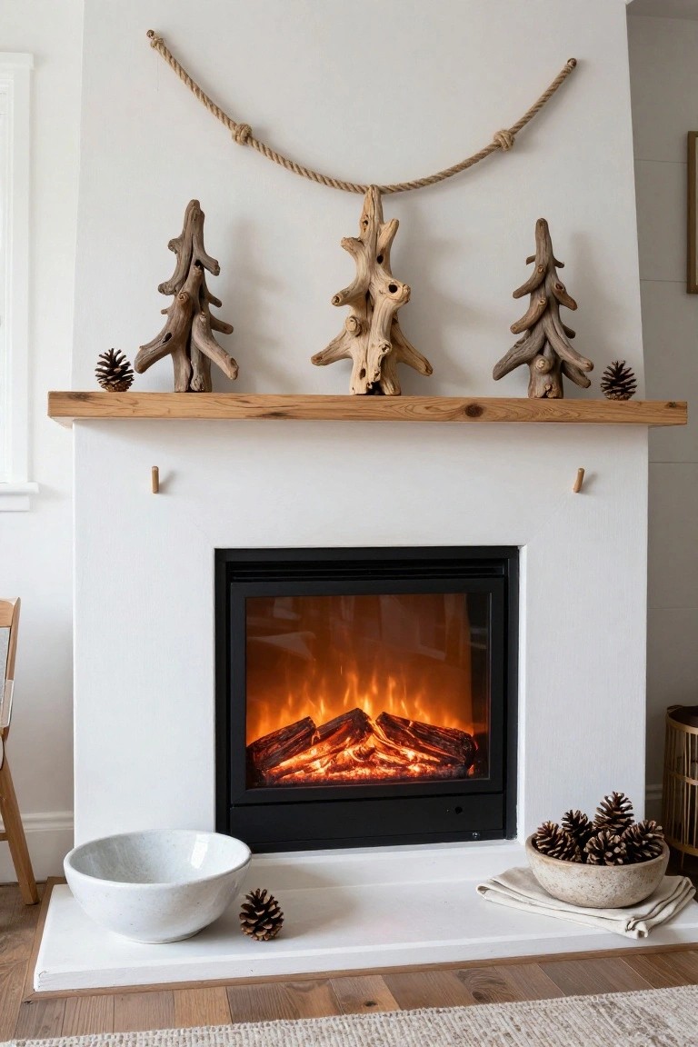 White modern fireplace with oak mantel holding three driftwood trees, pinecones, and a rope garland overhead, electric flames glowing inside, plus pinecone bowls on the hearth.