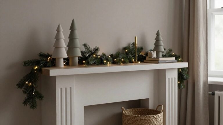 White fireplace with oak mantel topped by gray stacked trees, green pine garland with fairy lights, gold candleholder, books, and woven basket on the hearth in a light room with beige walls and shelves.