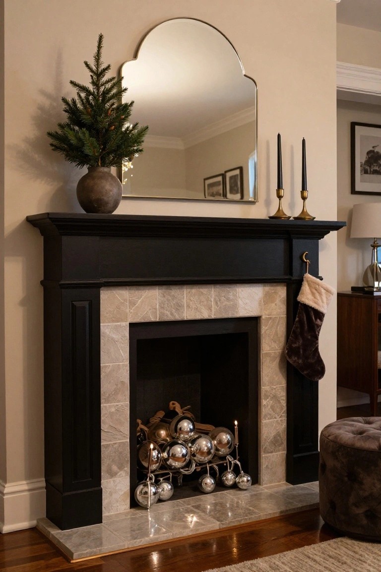 Black wood fireplace mantel topped with a small potted evergreen tree in a gray pot, gold candelabras, and an arched mirror above, with shiny metallic ornaments on a holder and candles inside the empty firebox, a brown velvet stocking hanging from a side hook, in a beige room with wood floors.