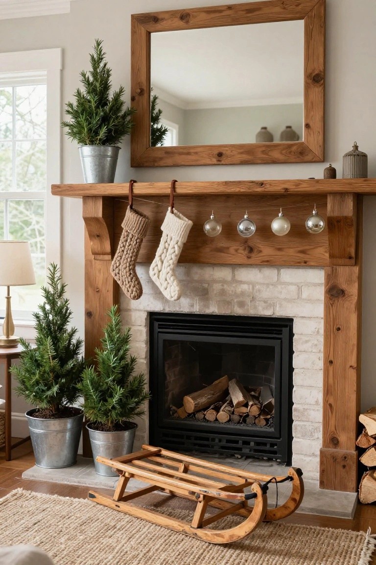 Living room fireplace with white brick surround and wooden mantel holding hanging knit stockings and strung glass ornaments, flanked by two potted evergreen trees in metal buckets, a wooden sleigh on the floor in front, and a wooden-framed mirror above.
