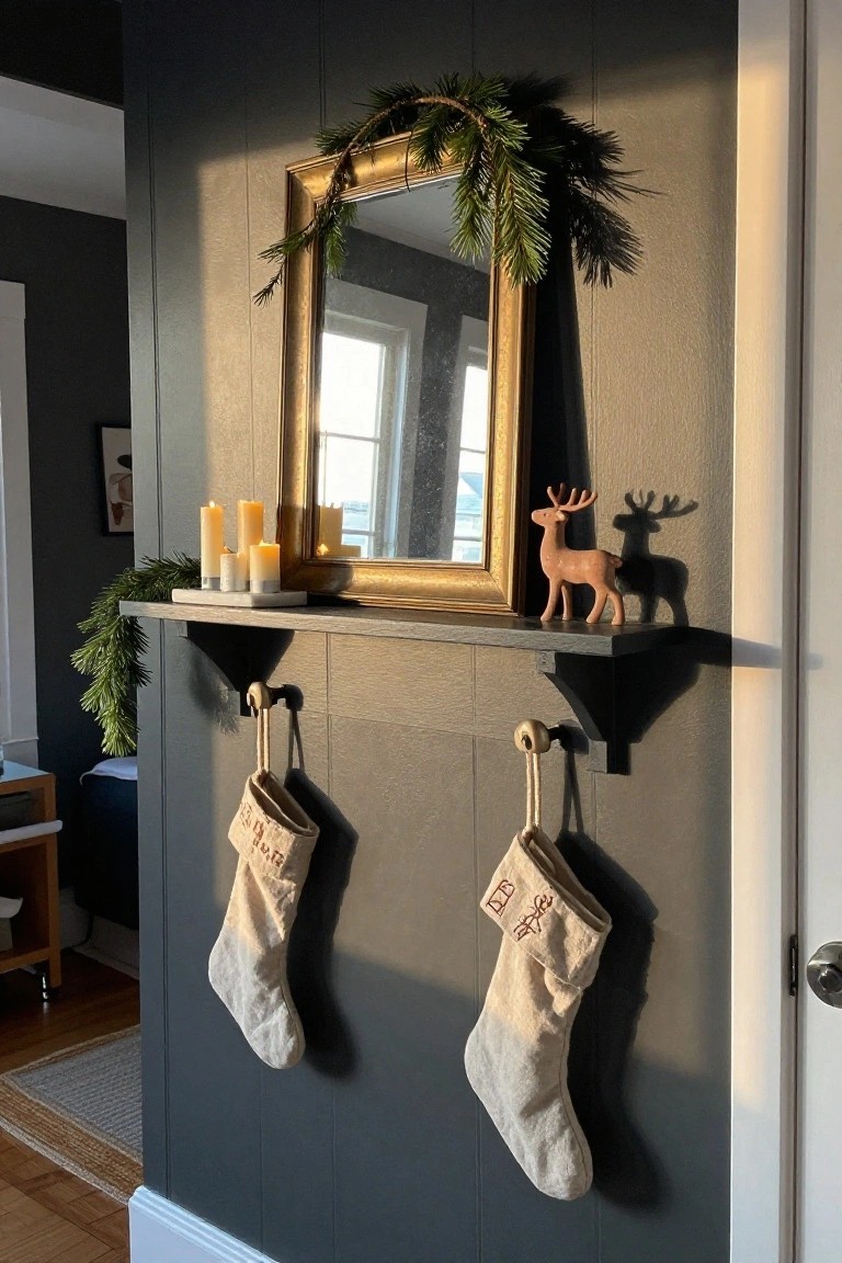 Dark paneled wall with black floating shelf holding gold-framed mirror, pillar candles on tray, ceramic reindeer figurine, and evergreen garland, plus two white linen stockings hanging from brackets below.