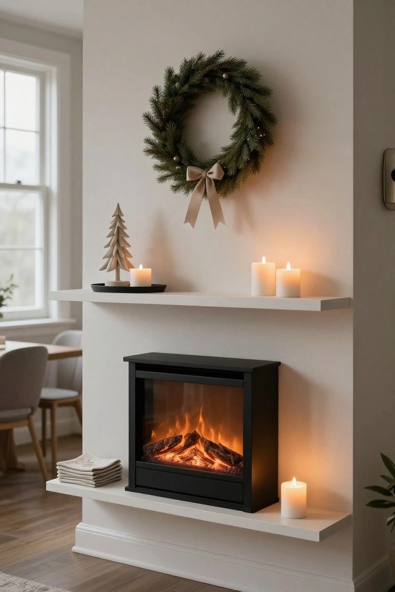 White floating shelves above a black electric fireplace hold Christmas candles and a small wooden tree, with a greenery wreath on the wall and dining chairs in the background.