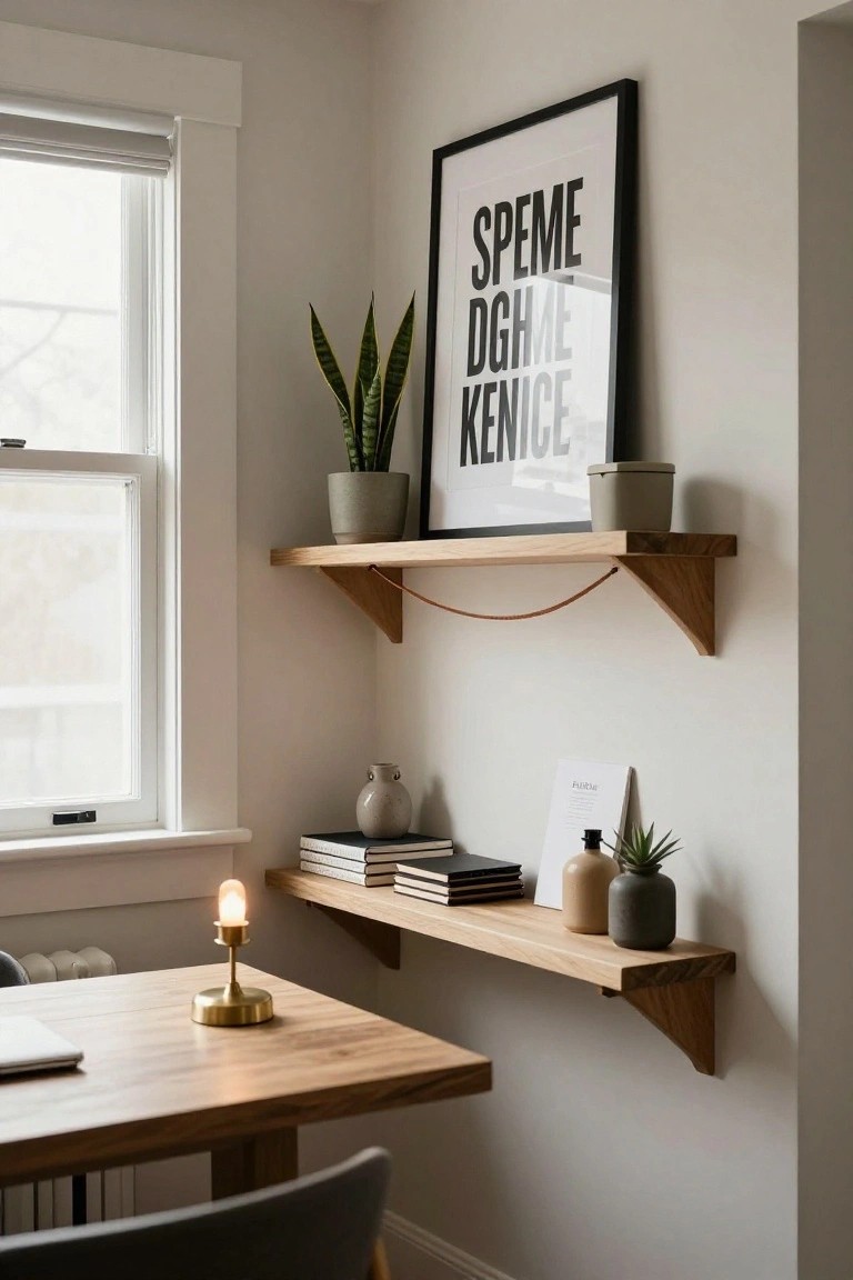 Indoor corner workspace with two wooden floating shelves displaying books, potted plants, vases, and a small container above a wooden desk holding a laptop, brass lamp, and chair, beside a window with blinds.