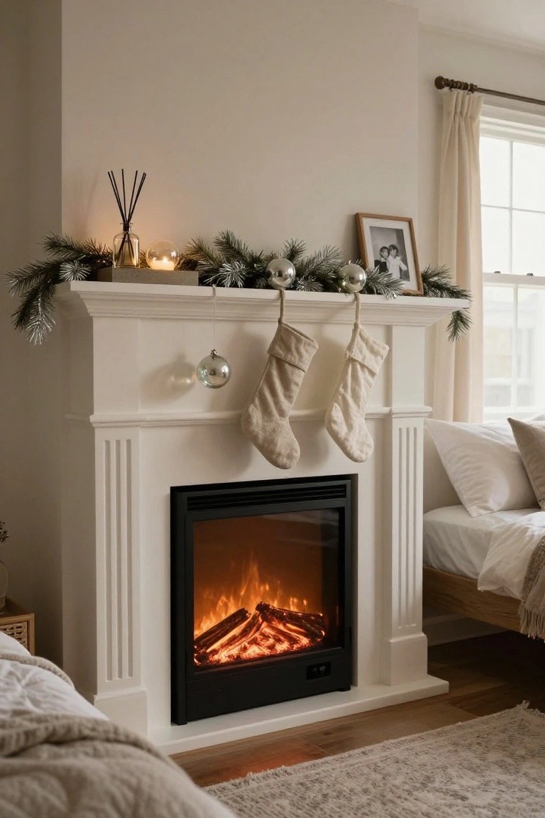 White fireplace mantel with evergreen garland, silver ornaments, reed diffuser, candle, and two white stockings hanging from it above a lit electric fireplace in a bedroom with bed and pillows nearby.