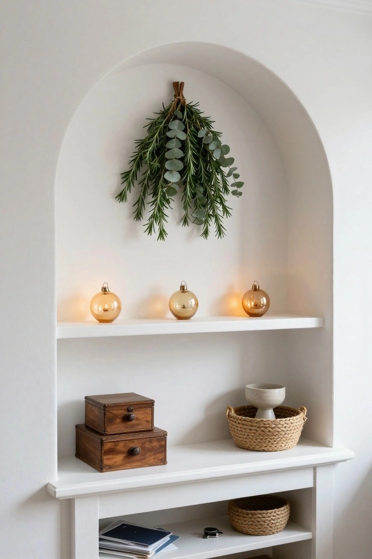 White arched niche above a small wooden mantle shelf with a bundle of rosemary and eucalyptus greenery hanging from twine, three lit amber glass bauble ornaments on the upper shelf, two wooden boxes, a white ceramic bowl in a seagrass basket on the middle shelf, and books plus another seagrass basket on the lower shelf.