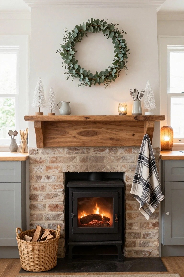 Brick fireplace with wooden mantle in a kitchen, featuring a large eucalyptus wreath on the wall above, small white Christmas trees, a gray jug with utensils, candles on the shelf, burning stove inside, log basket on the floor, and plaid cloth draped on the side.