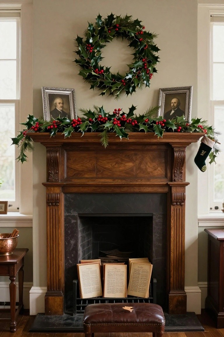 Holly Garlands on Narrow Mantels