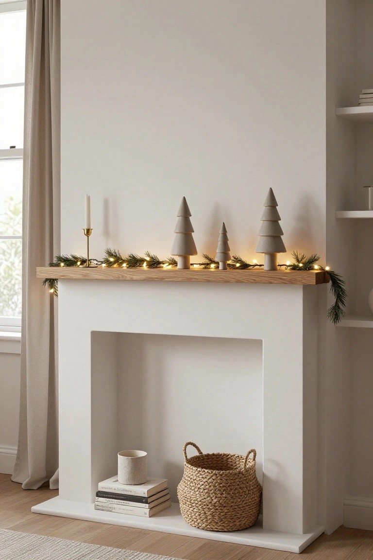 White fireplace with oak mantel topped by gray stacked trees, green pine garland with fairy lights, gold candleholder, books, and woven basket on the hearth in a light room with beige walls and shelves.