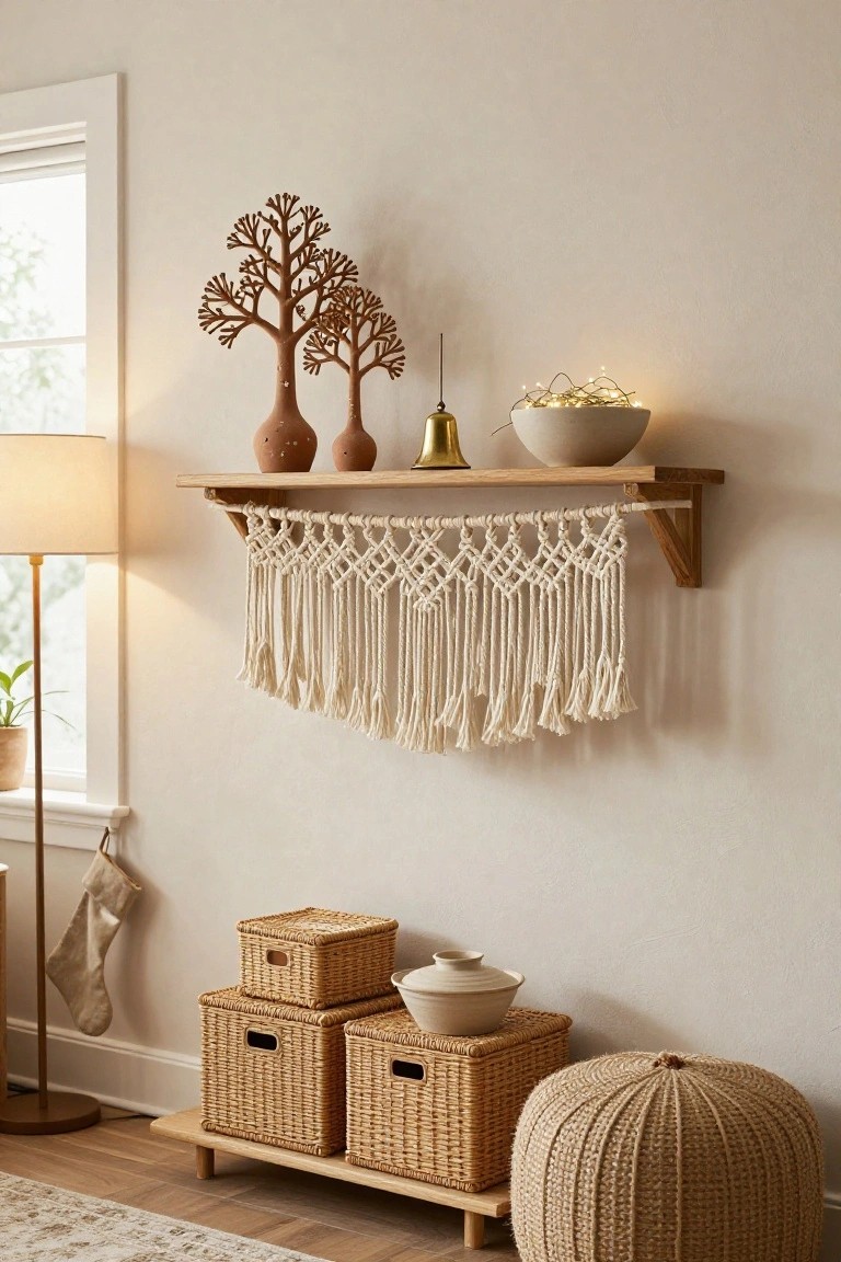Beige wall with wooden shelf draped in white macrame fringe holding two terracotta trees, two vases, brass bell, fairy lights in woven bowl, and white ceramic bowl; floor lamp with stocking, plant, three woven baskets, white pot, and beige woven pouf on wooden platform nearby.
