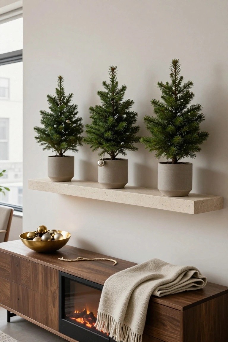 Three small potted Christmas trees in gray pots on a light beige floating shelf above a walnut wood media console with an electric fireplace, gold bowl of ornaments, and cream throw blanket.