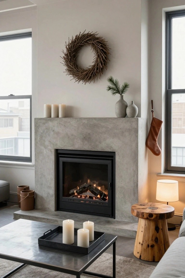 Modern living room featuring a concrete mantel fireplace with gas flames, decorated with white pillar candles on a tray, a wheat wreath above, a pine sprig in a vase, two ceramic vases, and a brown leather Christmas stocking hanging from a hook beside large windows and neutral furniture.