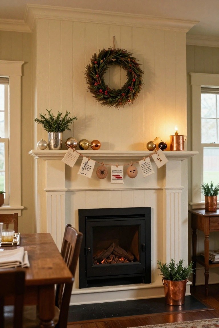 White fireplace mantel with a string garland of small paper tags, wooden ornaments, and spheres hanging across it, above a gas fireplace in a paneled room with potted plants and Christmas wreath on the wall.