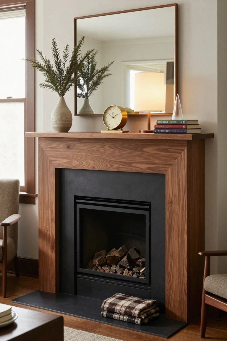 Wooden mantel over a black fireplace holds two tall beige vases of greenery flanking a gold clock, lamp, books, and glass pyramid, with armchairs and a plaid blanket on the hearth in a light-filled living room.