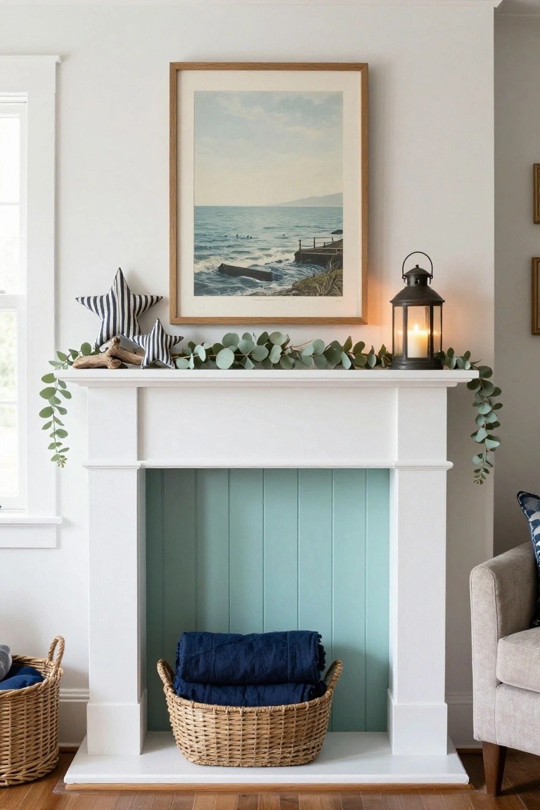 White wood mantelpiece with turquoise-painted fireplace interior holding stacked navy blankets in a wicker basket, topped by eucalyptus garland draped over the edge with navy striped fabric stars, driftwood, and a small lantern nearby.