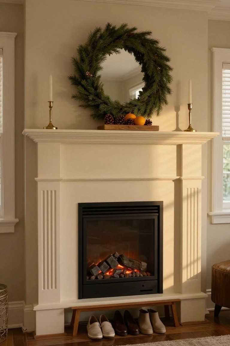 White fireplace mantel with gas logs burning inside black firebox, round mirror framed by evergreen wreath centered on mantel shelf flanked by gold candlesticks and wooden tray holding pinecones and oranges, wooden bench with pairs of shoes underneath on wood floor.