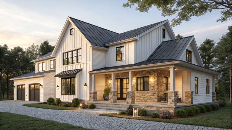 17 Stone Veneer Modern Farmhouse Exteriors That Feel Elevated Two-story modern farmhouse exterior with white board-and-batten siding, black metal roof, stone veneer on porch columns and base, covered entry porch, and landscaped path with steps leading to the door.
